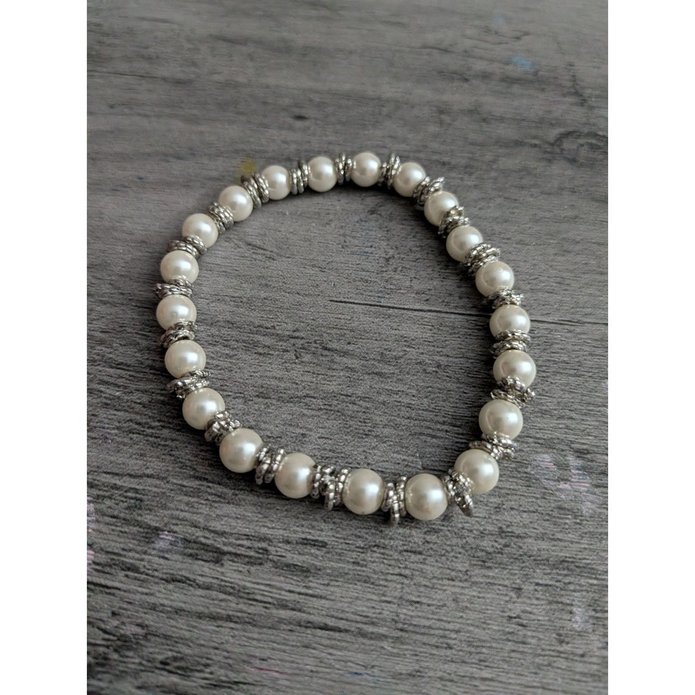 Faux Pearl and Silver Tone Textured Spacer Bead Stretch Bracelet